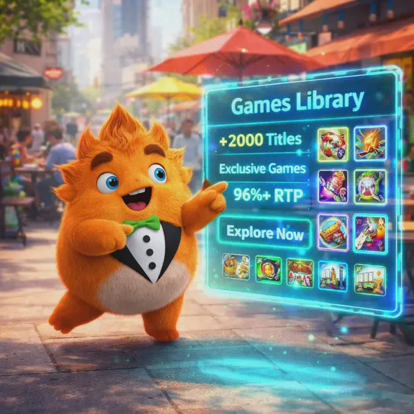 Fuzzy Tux points excitedly at One Casino holographic games library displaying 2000+ titles