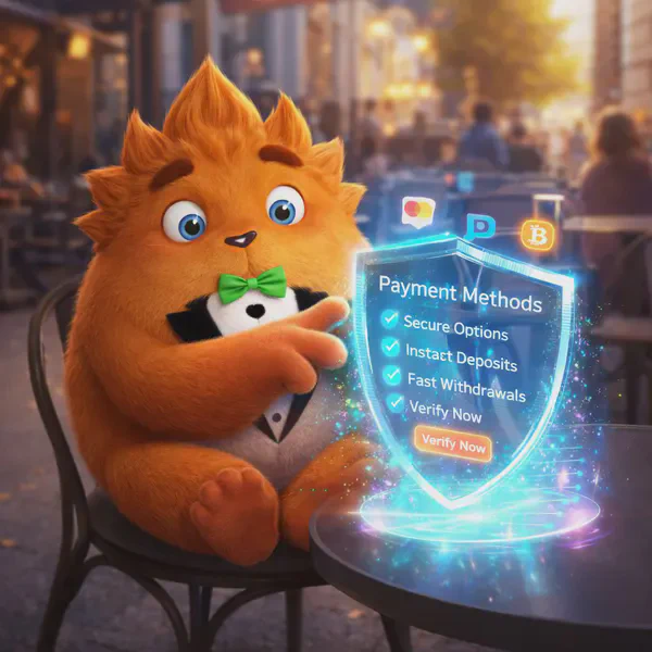 Fuzzy Tux examining secure payment methods at bustling cafe with holographic badge display