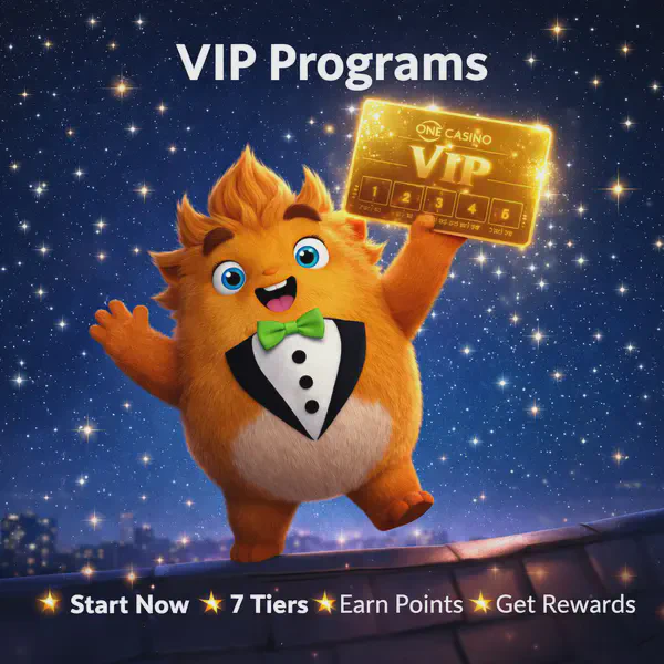 Fuzzy Tux celebrates VIP program entry at One Casino with golden tier card under starry sky