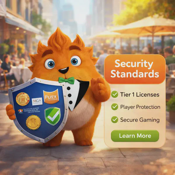 Fuzzy Tux proudly displays security shield at Licensing & Compliance Standards compliance center